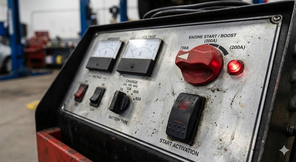 Heavy duty battery charger with engine start mode