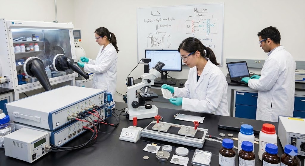 Scientists testing different battery materials in a lab