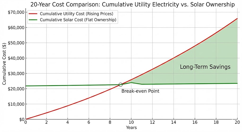 Chart showing savings from solar panels vs utility bills over time
