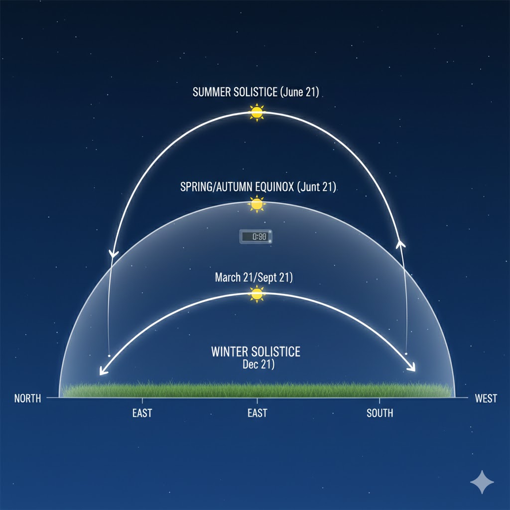 Diagram of the sun's path across the sky in the northern hemisphere