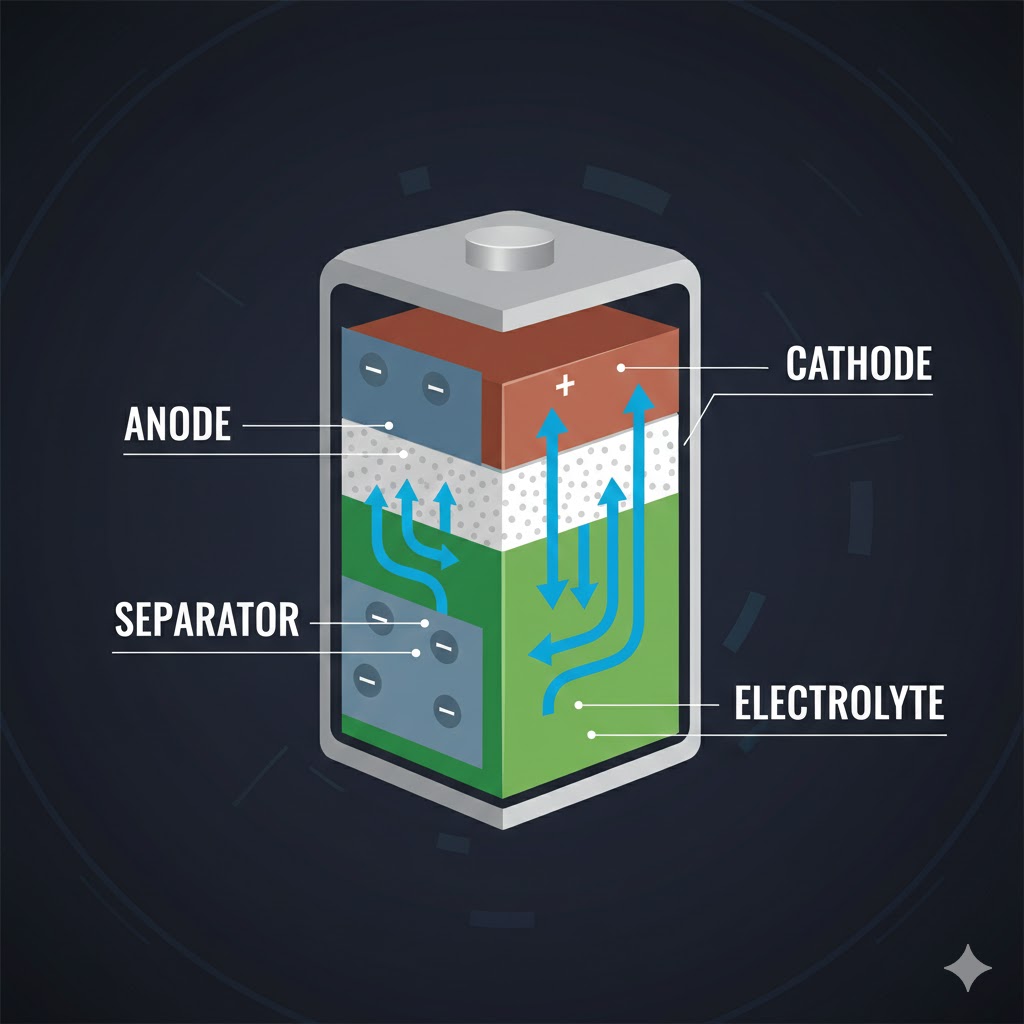 Diagram showing anode, cathode, separator, and electrolyte in a battery cell