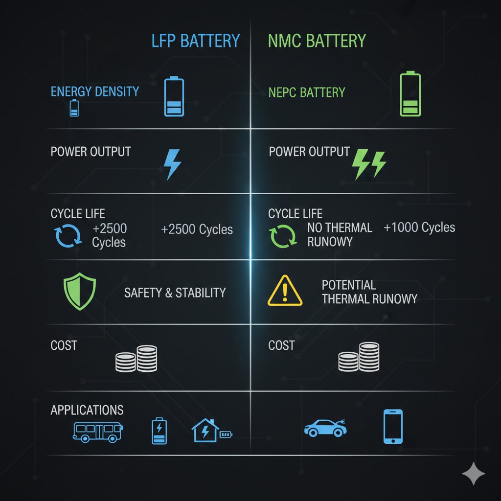 Comparison chart of LFP and NMC battery characteristics