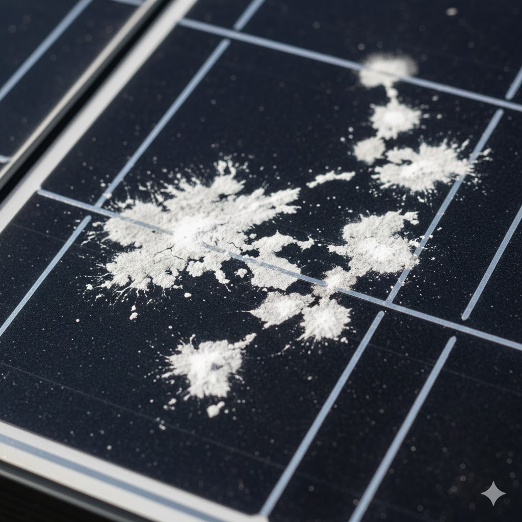 Close-up of bird droppings on solar panel glass, showing stubborn white stains blocking sunlight