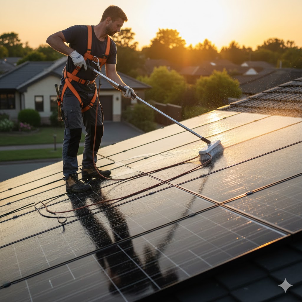 A professional solar panel cleaner wearing safety gear working on a residential rooftop