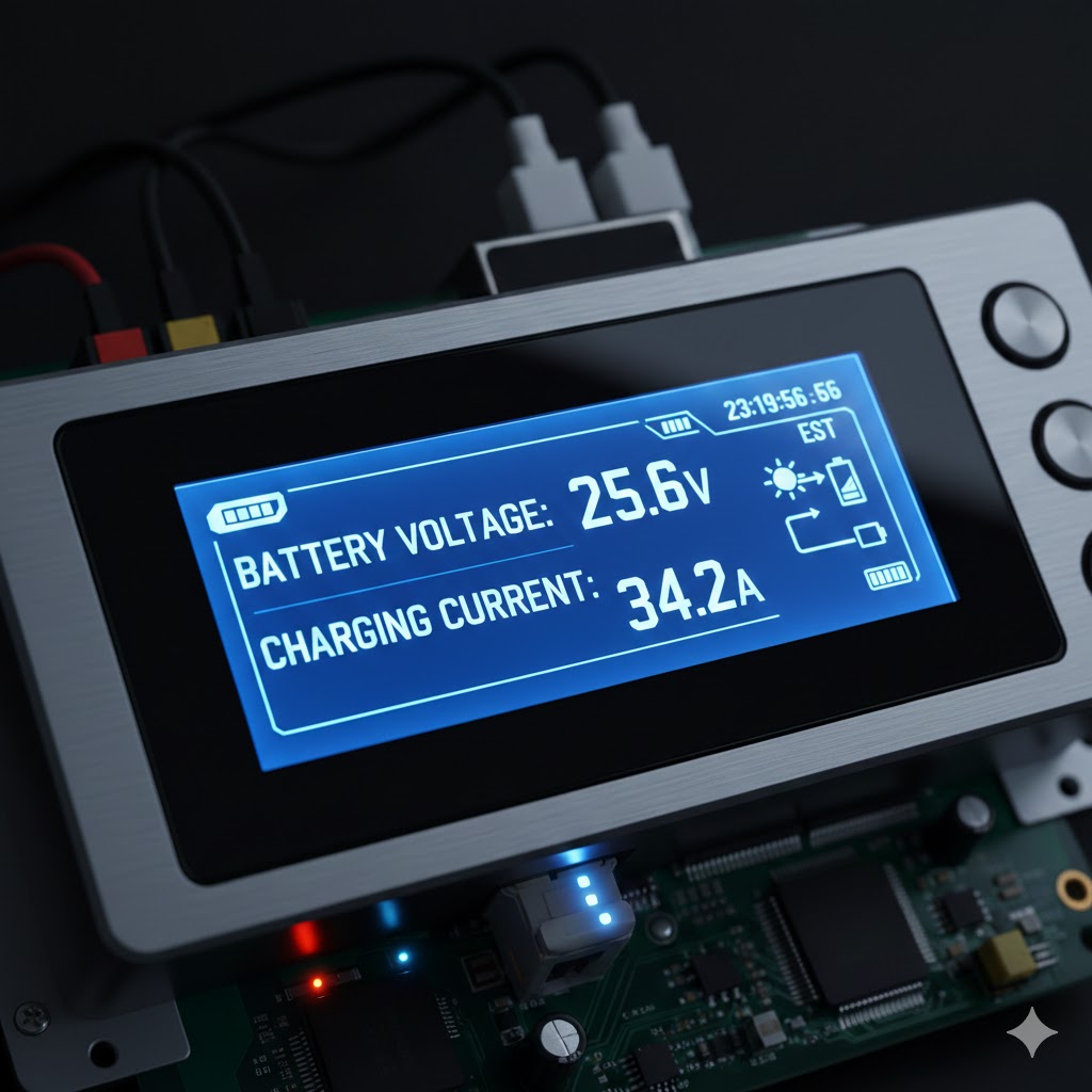 Close up of a solar charge controller screen displaying battery voltage and charging current