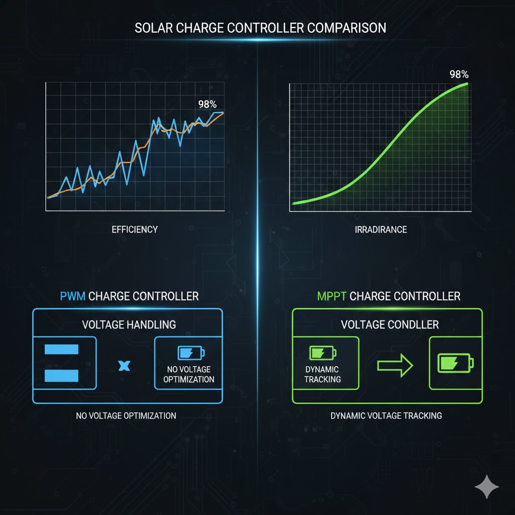 Chart comparing PWM and MPPT charge controller efficiency and voltage handling