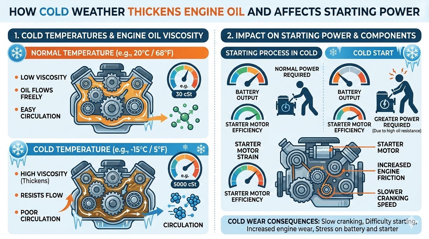 Graphic showing how cold weather thickens engine oil and affects starting power