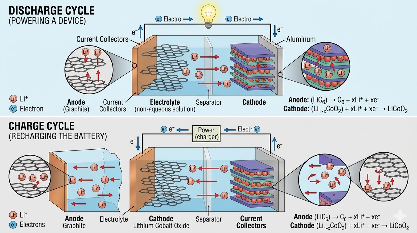 Illustration of lithium ions moving during charge and discharge cycles