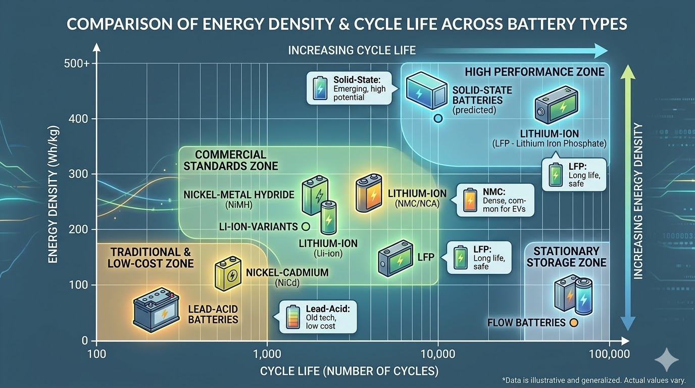 Graph comparing the high energy density and cycle life of different battery types