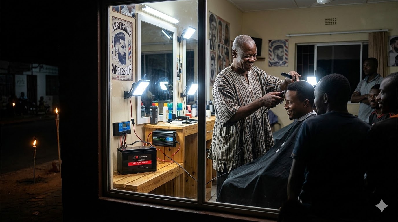 A happy African barbershop owner working under bright lights powered by a solar battery system during a blackout